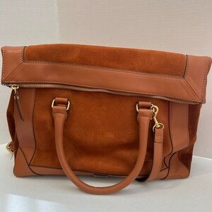 India Hicks Cognac Suede & Leather Satchel Tote, Fold-Over Zip, Gold Hardware